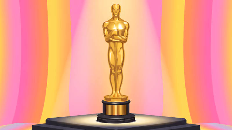 The Oscar trophy on a cinematic stage representing the 2026 contenders.