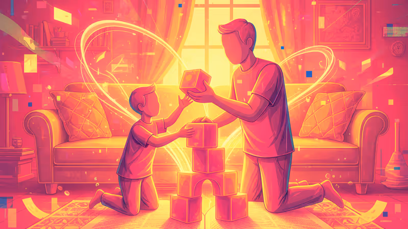 거실에서 부모와 아이가 함께 블록 놀이를 하며 시간을 보내는 모습