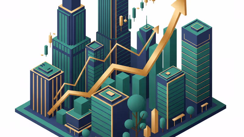 서울 업무 지구 배경 위에 그려진 상승하는 고용 지표 그래프