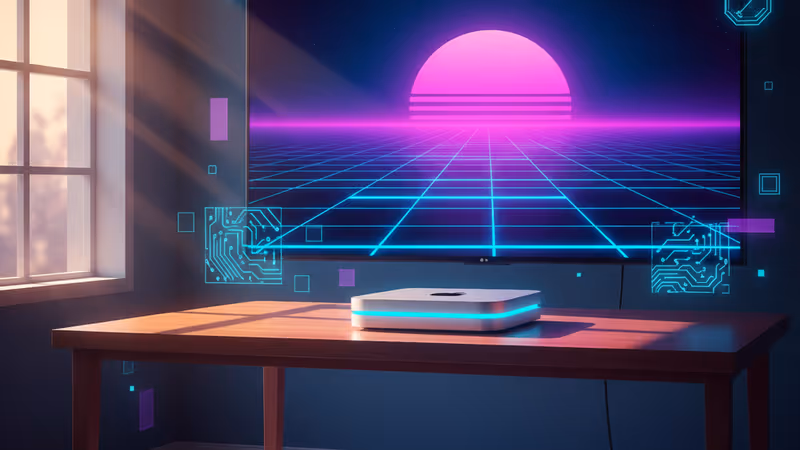 책상 위에 놓인 실버 맥 미니 M4와 화려한 화면의 LG OLED TV