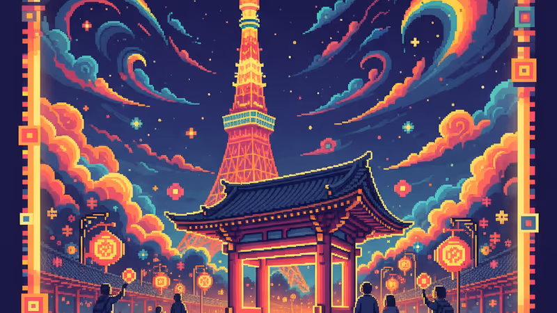 増上寺で新年を待つ大勢の参拝客とライトアップされた東京タワー