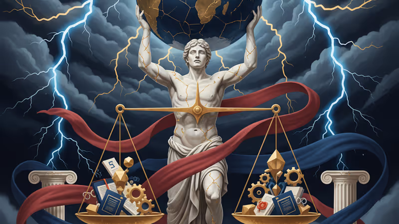 부서진 아틀라스 조각상과 폭풍우 배경