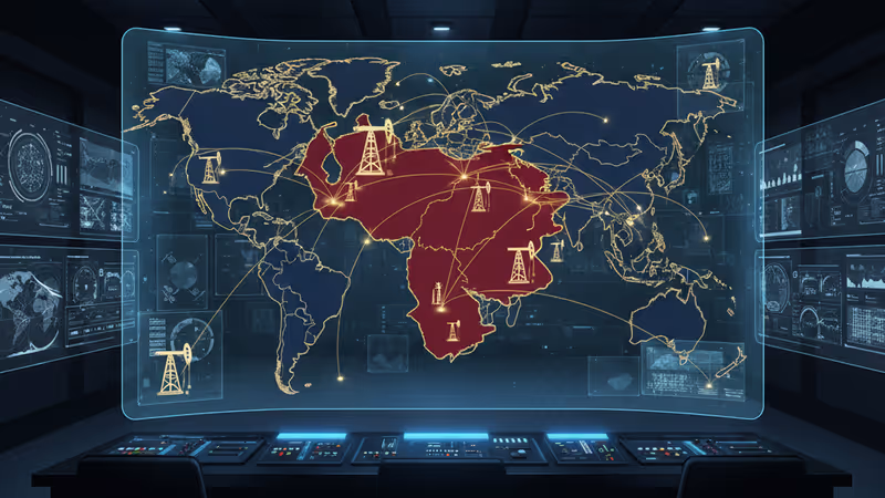 Strategic command center showing maps of Venezuela and oil facilities