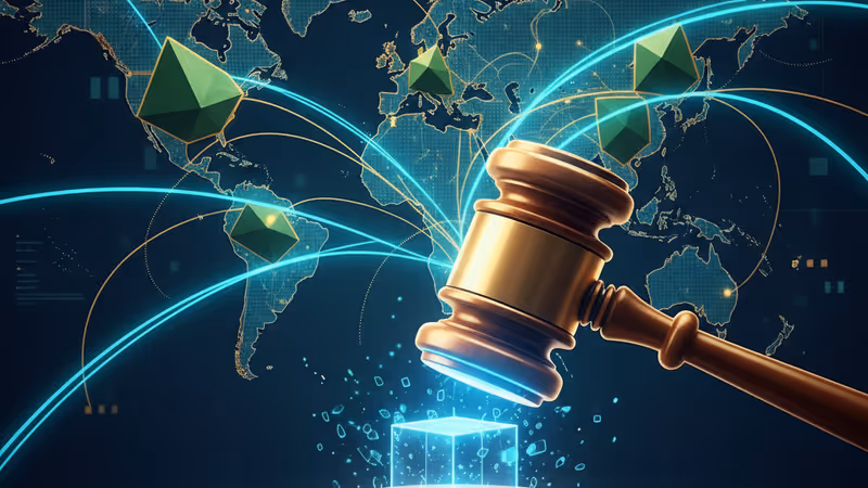 A legal gavel resting on a digital blockchain interface