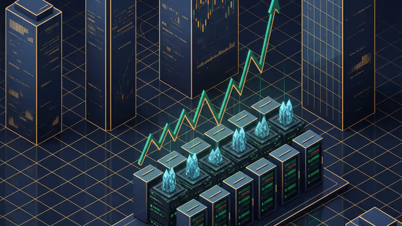 View of Bitcoin mining rigs in a data center with green status lights
