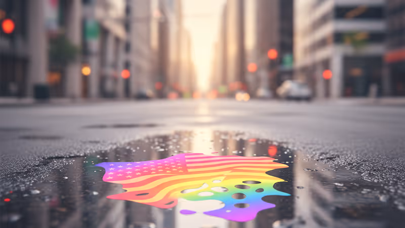 Faded American flag reflected in a puddle on a cracked city street