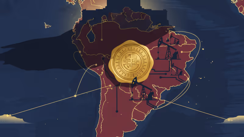 베네수엘라 지도 위에 찍힌 미국 인장과 석유 시추 시설