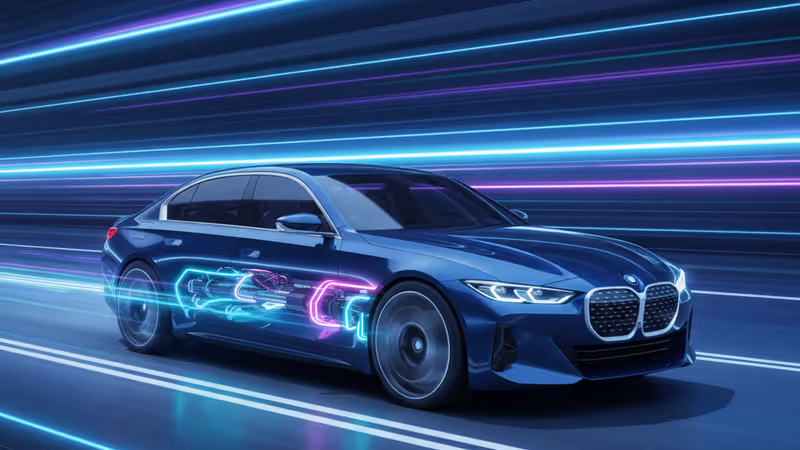 A high-performance BMW electric sedan racing on a circuit