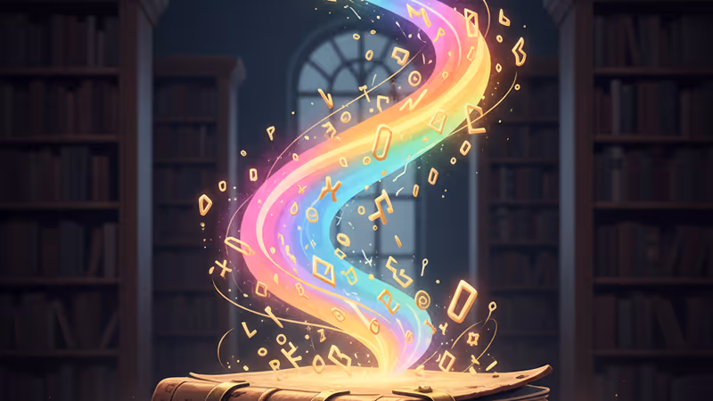 Mystical library view with golden letters floating above an old dictionary