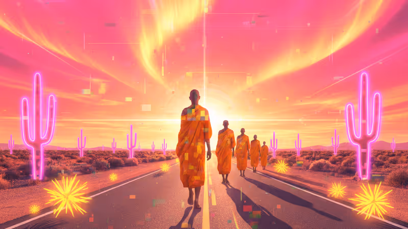 身著傳統法衣的佛教僧侶在陽光斑駁的美國公路上排成一列靜靜行走的背影