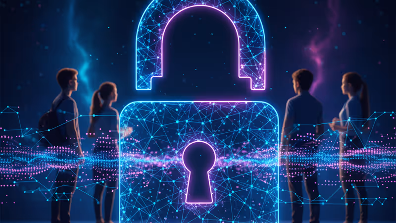 보안 자물쇠가 열리며 데이터가 흘러나오는 이미지와 학생 실루엣