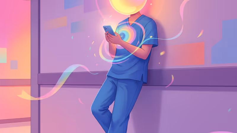 병원 복도에서 스마트폰을 보며 미소 짓는 의료진