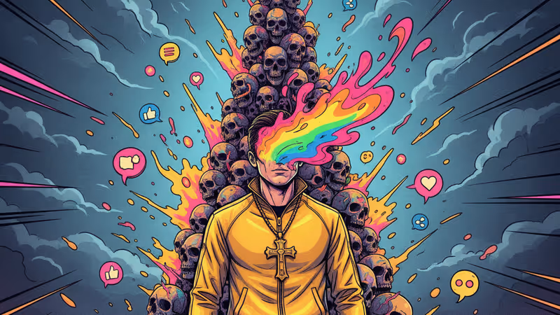 不気味な霧の中にそびえ立つ、人間の頭蓋骨で作られた「骨の寺院」の様子