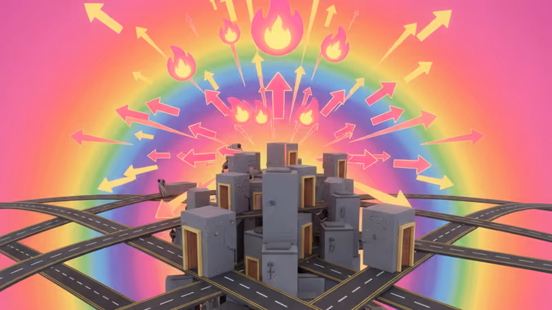 3D illustration of a chaotic city with illogical architectural placements