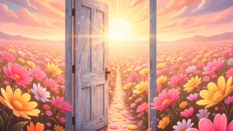 황금빛 노을 아래 꽃밭으로 향하는 열린 나무 문