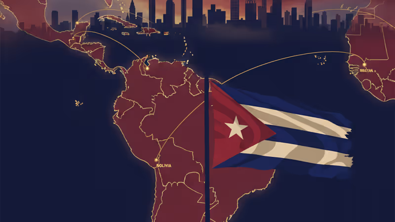 在夕陽餘暉下，帶有軍事張力的古巴與委內瑞拉國旗圖案。