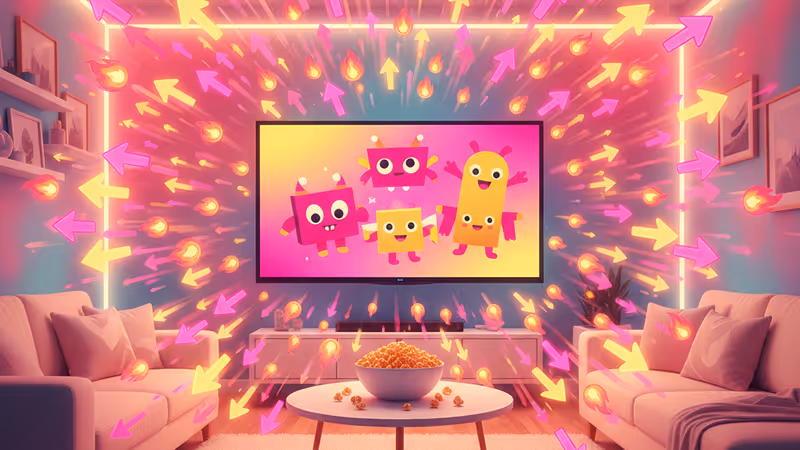 暖かいリビングで映画を見て笑い合う家族の様子