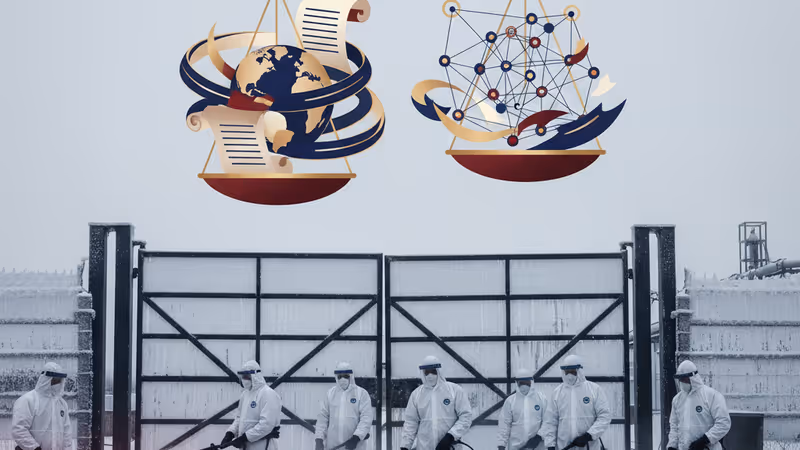 防護服を着た職員が立ち入り制限された家鴨農場の入り口に立っている様子