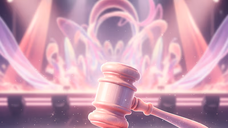 법원 의사봉과 흐릿한 공연장 배경이 겹쳐진 모습