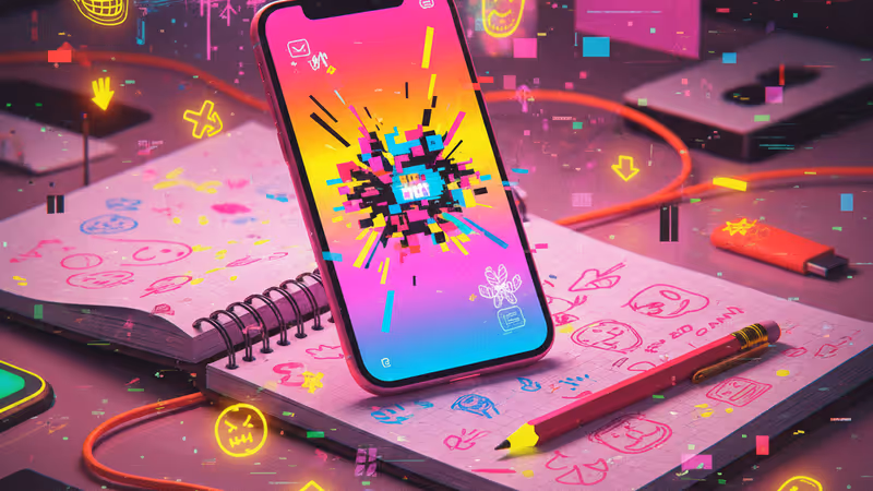 책상 위에 놓인 공책과 스마트폰 속의 학교 유머 이미지