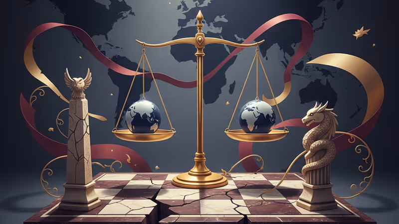 세계 지도 위에 놓인 금이 간 체스판과 주요국 정상들의 실루엣