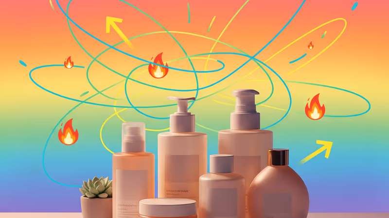 Bathroom counter with skincare bottles and a hair tie