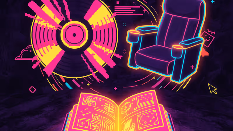 2025年の隠れた名作を象徴する、映画や音楽のアイコンが並ぶイメージ