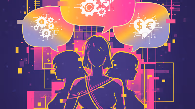 다양한 여성들의 실루엣과 대화 말풍선이 어우러진 추상적 일러스트