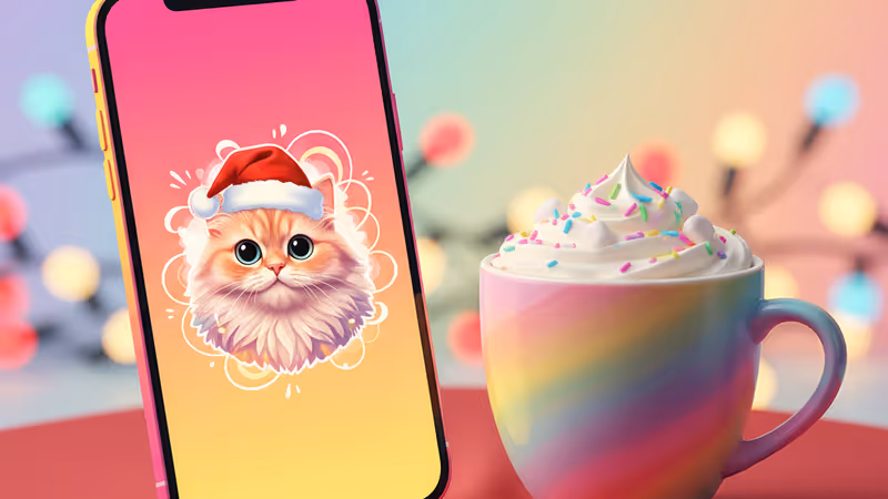 在壁爐前展示聖誕幽默梗圖的智慧型手機