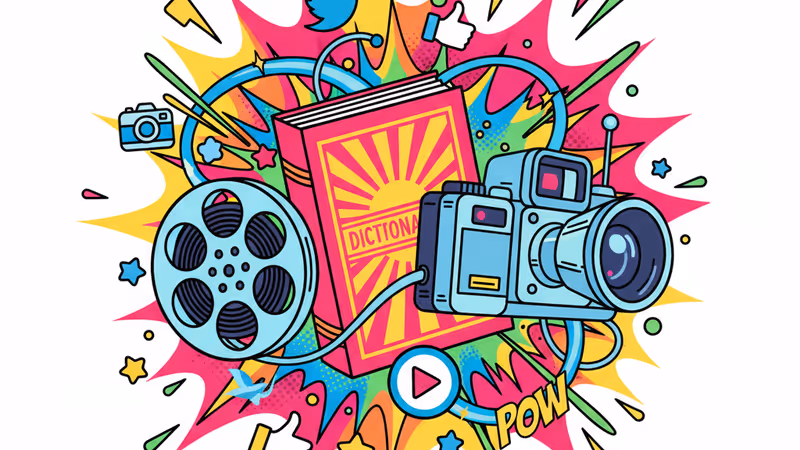 1970년대의 레트로 기기들과 현대적 디지털 상징들이 혼합된 이미지