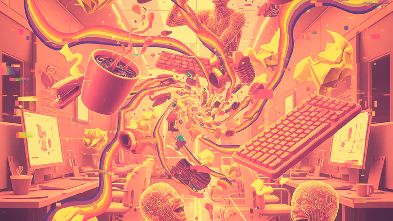 オフィスでスマホを見て笑う会社員と職場ミームのイメージ