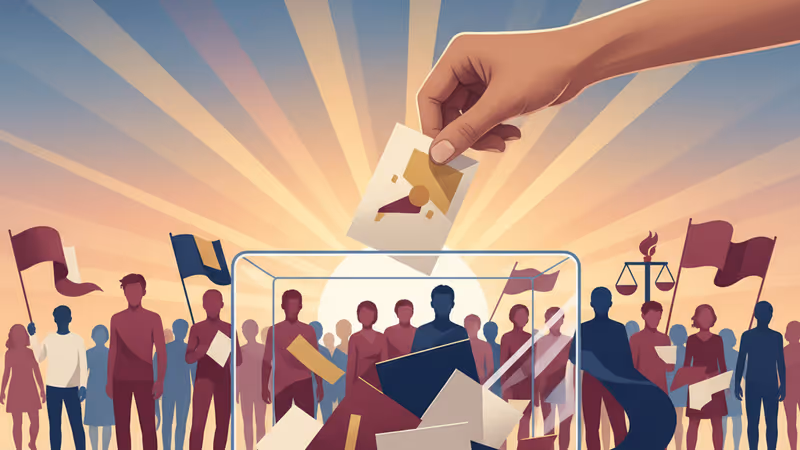 A young person's hand casting a ballot with a diverse crowd in the background.