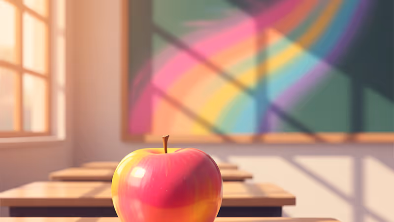 Warm classroom sunlight on a desk with an apple
