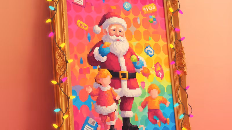 A massive portrait of Arnold Schwarzenegger as Santa Claus in a living room