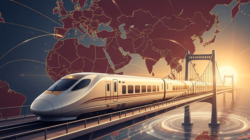 A next-generation Chinese high-speed train crossing a bridge at sunset