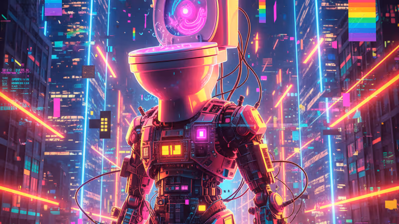 Surreal Skibidi Toilet character in a dystopian city