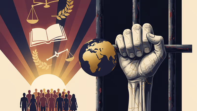 창살을 붙잡고 있는 수척한 손과 감옥의 어두운 실내 전경