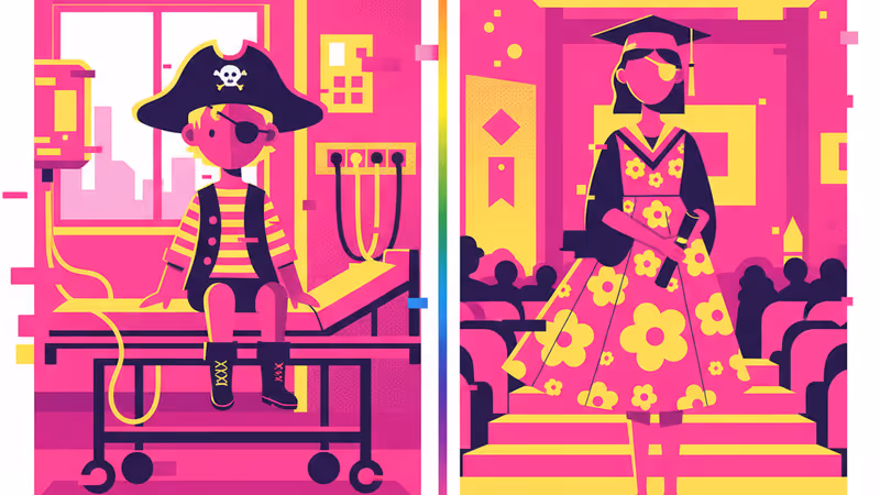 Split view of brothers in pirate and dress costumes