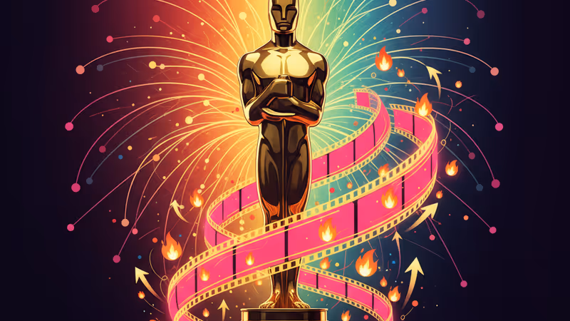어둠 속에서 빛나는 황금빛 오스카 트로피와 영화 필름