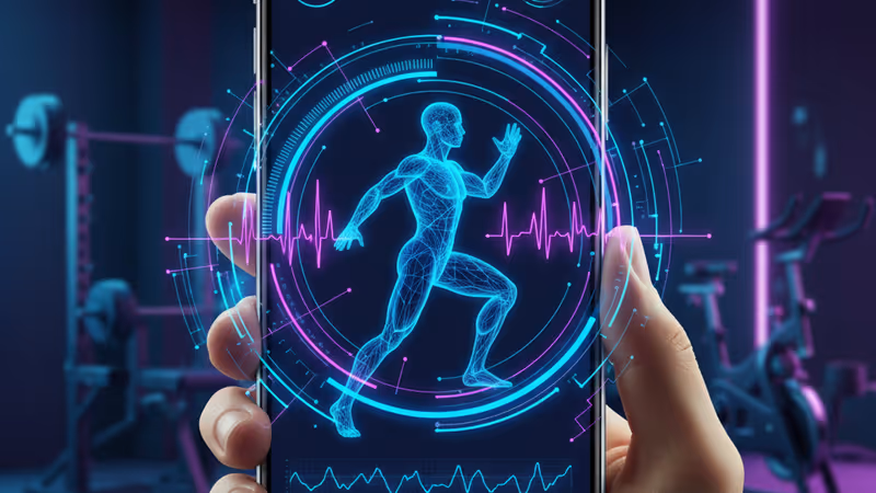 다양한 운동 데이터가 표시된 스마트폰과 홈 트레이닝 환경
