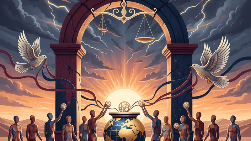 夕暮れのテヘランの街並みと監視の影