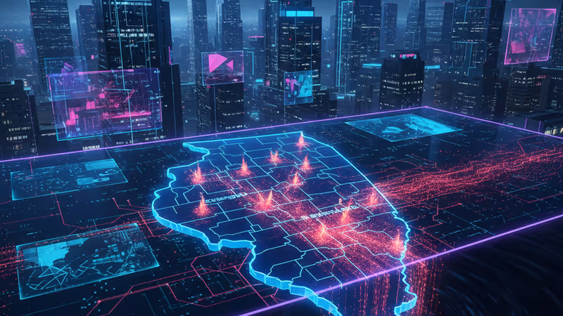 イリノイ州のデジタル地図とデータ漏洩を象徴する赤い光のイメージ