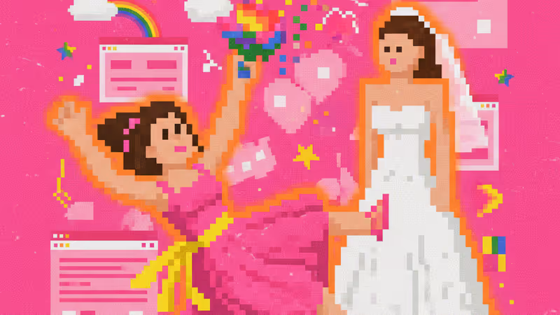 一張 1980 年代風格的失敗婚紗照，新郎的頭像如幽靈般合成在背景中