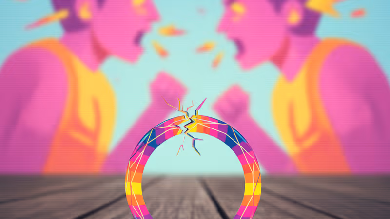 어두운 나무 탁자 위에 놓인 금이 간 결혼반지