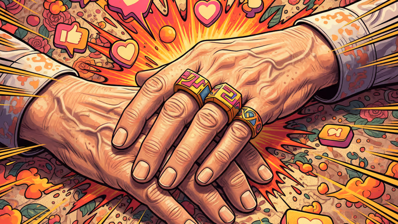 Close-up of the wrinkled hands of Fay and Gay twins resting together