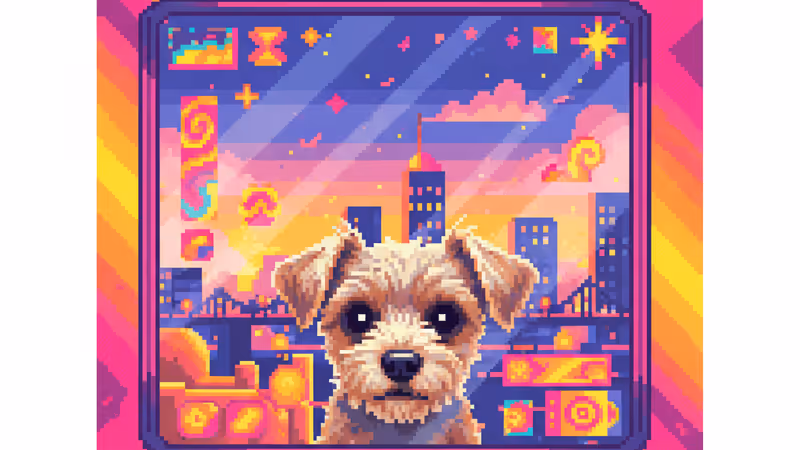 ワルシャワの古い建物の窓から街を眺める犬の様子