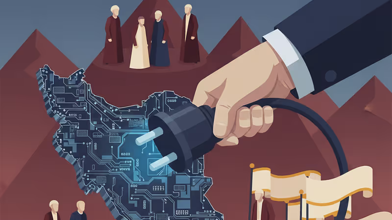 디지털 회로가 끊어지며 암흑에 잠긴 이란 지도 전경