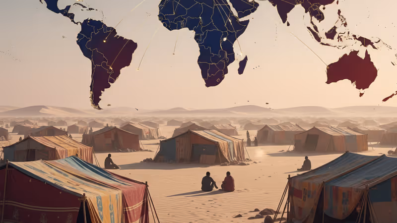 수단 코스티 외곽에서 얇은 천으로 만든 임시 텐트 옆에 앉아 있는 피란민 가족의 모습