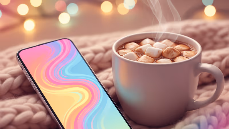 A smartphone on a blanket next to a mug of cocoa with festive lights