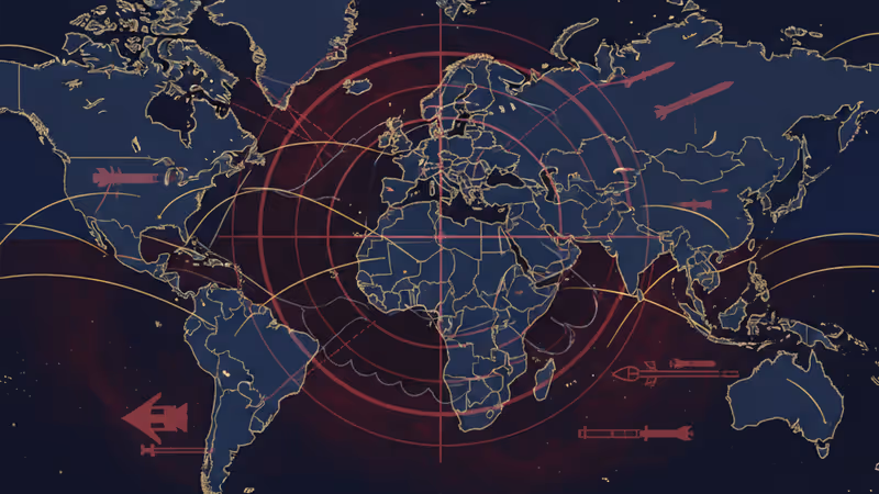 巨浪中的先進軍艦與美中兩國旗幟交織的意象